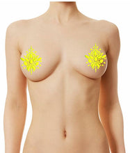 Load image into Gallery viewer, Reusable Green/Yellow Neon GLOW In Black Light Rhinestone Pasties w/ Body Glue for Reapplication