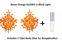 Load image into Gallery viewer, Reusable Orange Neon GLOW In Black Light Rhinestone Pasties w/ Body Glue for Reapplication