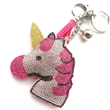 Load image into Gallery viewer, Leather Tassel Rhinestone Keychain Crystal Chain Key Ring Women's Holder Car bag Lucky Big Unicorn Animal Pendant Jewelry
