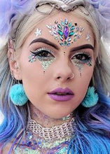 Load image into Gallery viewer, Pink, Orange and Blue GLOW in Black Light Face and Eyes Rhinestone Stickers For Special Events, Music Festivals, Coachella and  more!
