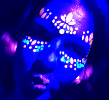 Load image into Gallery viewer, Pink, Orange and Blue GLOW in Black Light Face and Eyes Rhinestone Stickers For Special Events, Music Festivals, Coachella and  more!
