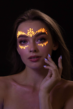 Load image into Gallery viewer, Green, Yellow and Blue GLOW in Black Light Face and Eyes Rhinestone Stickers For Special Events, Music Festivals, Coachella and  more!
