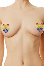 Load image into Gallery viewer, Reusable LED Light Up Pasties | Rainbow Heart Rhinestone Pasties | Festival Nip Covers | Coachella &amp; Bonnaroo Outfits &amp; Pasty Nipple Covers
