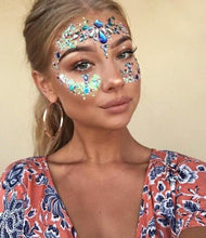 Load image into Gallery viewer, Green, Yellow and Blue GLOW in Black Light Face and Eyes Rhinestone Stickers For Special Events, Music Festivals, Coachella and  more!
