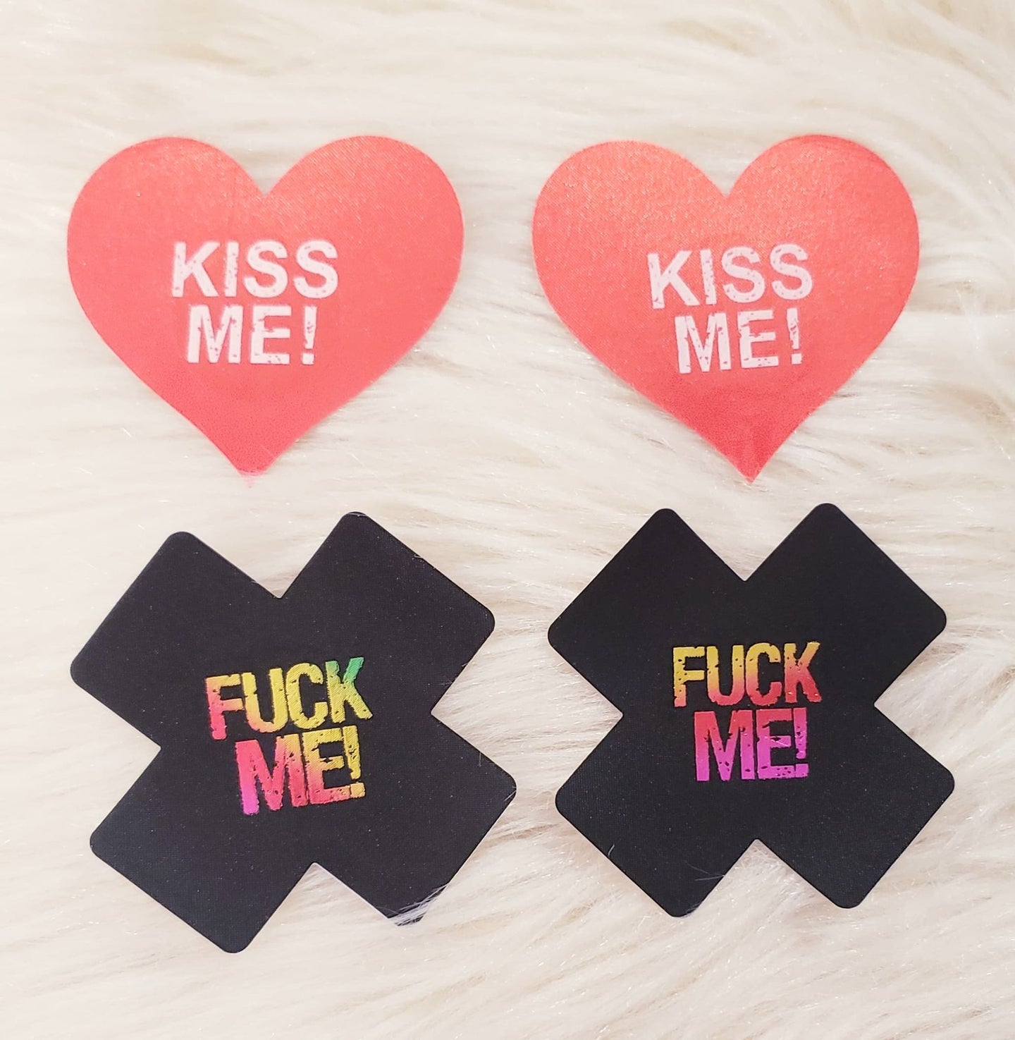 2 Pairs Heart Kiss Me & F*ck Me Pasties - Nipple Covers, Stickers, Lifestyle, Rally, Rave, Costume, Lingerie
