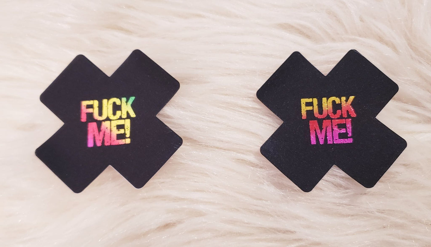 2 Pairs Black F*ck Me Cross Pasties - Metallic, Nipple Covers, Stickers, Lifestyle, Rally, Rave, Costume, Lingerie
