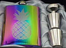 Load image into Gallery viewer, 8 oz Rainbow Stainless Steel Pineapple Flask Gift Box Set Funnel &amp; Shot Glasses Metal
