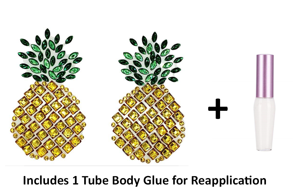 Reusable Pineapple Rhinestone Pasties w/ Body Glue for Reapplication