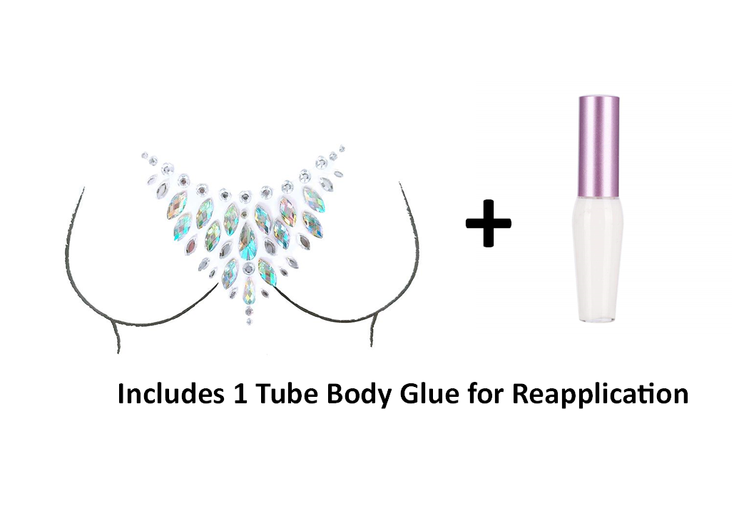 Reusable Chest & Neck Rhinestone Body Stickers w/ Body Glue for Reapplication