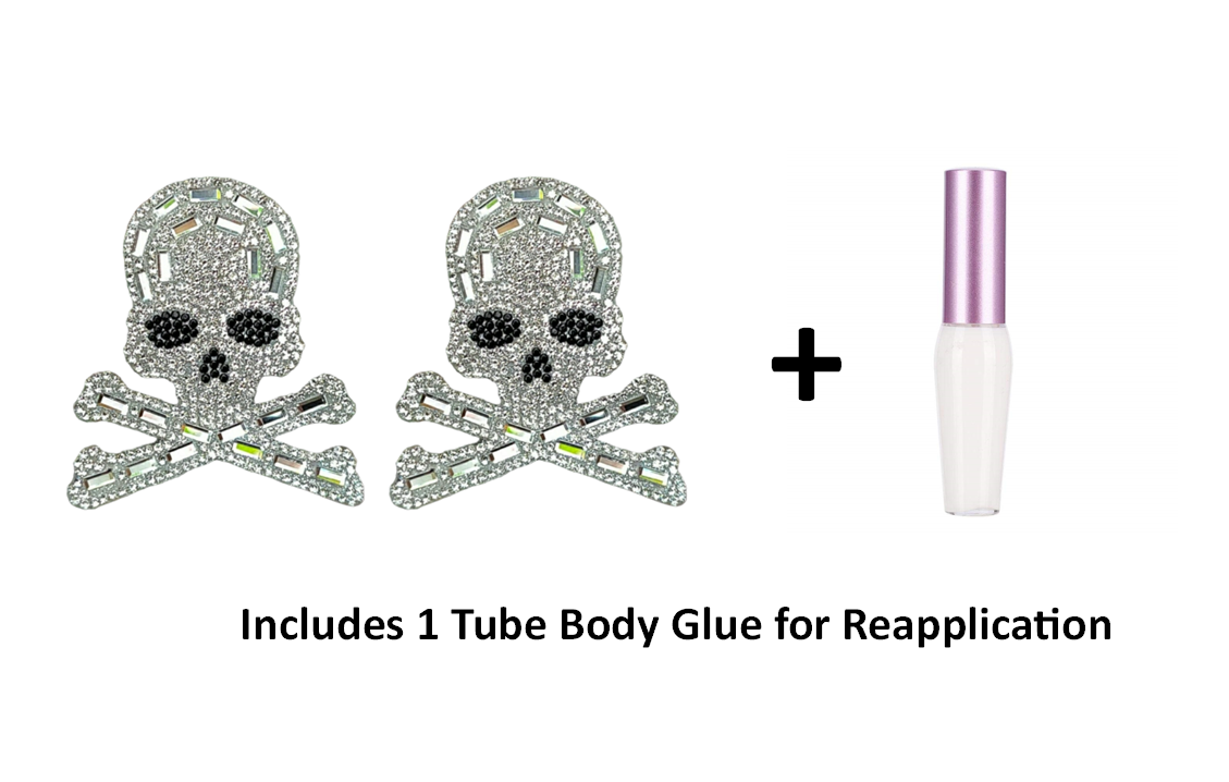 Reusable Skull & Bones Rhinestone Pasties w/ Body Glue for Reapplication