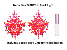 Load image into Gallery viewer, Reusable Hot Pink Neon GLOW In Black Light Rhinestone Pasties w/ Body Glue for Reapplication
