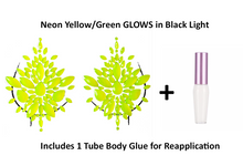 Load image into Gallery viewer, Reusable Green/Yellow Neon GLOW In Black Light Rhinestone Pasties w/ Body Glue for Reapplication
