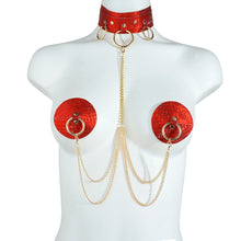 Load image into Gallery viewer, Women Sexy Body Chain Jewelry Red Leather Nipple Cover With Choker Self Adhesive Breast Wear Reusable Nipple Pasties For Cosplay

