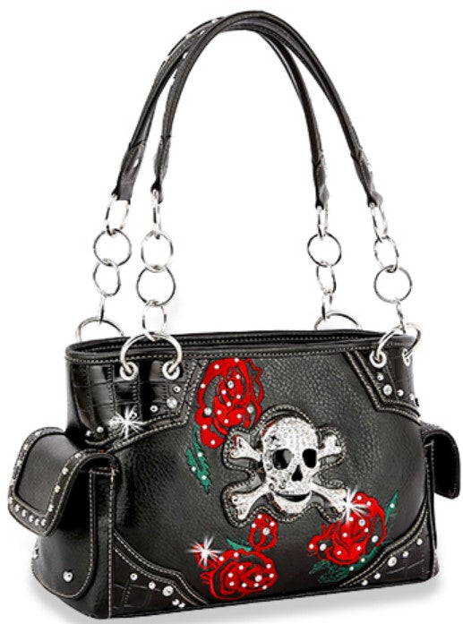 Sass Chick Rhinestone Skull w/ Red Roses Shoulder Handbag Concealed Carry