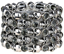 Load image into Gallery viewer, YACQ Skull Skeleton Stretch Cuff Bracelet for Women Biker Bling Crystal Jewelry Antique Silver Color Wholesale Dropshipping D07
