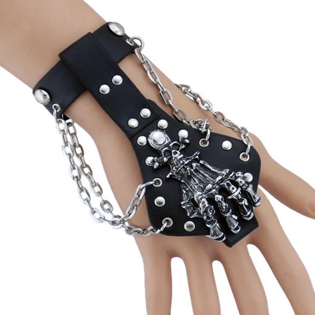 Mens Gothic Alloy Spike Skeleton Hand Wrap Leather Cuff Finger Bracelet