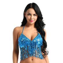 Load image into Gallery viewer, (5 Colors) - Sexy Shiny Sequins Mid Drift Halter Crop Top with Tassels

