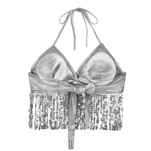 Load image into Gallery viewer, (5 Colors) - Sexy Shiny Sequins Mid Drift Halter Crop Top with Tassels
