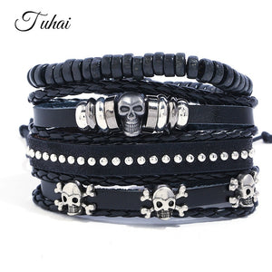 4pcs Skull Charms Beads Men&#39;s Bracelet Braided Multilayer Leather Bracelet Men Wristband Jewelry Pulseiras dropshiping