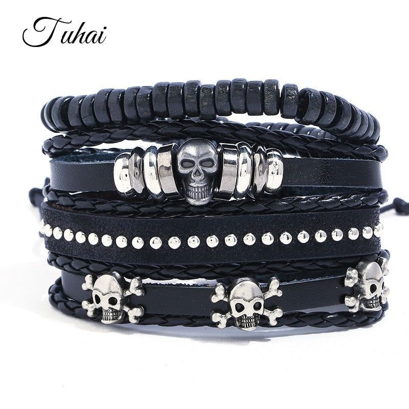 4pcs Skull Charms Beads Men's Bracelet Braided Multilayer Leather Bracelet Men Wristband Jewelry Pulseiras dropshiping
