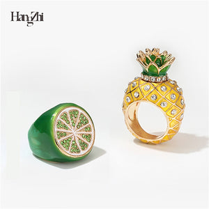 HangZhi 2020 New Trendy  Hip hop Pineapple Lemon Shiny Zircon Metal Fruit Rings for Women Girl Party Hot Jewelry Gift