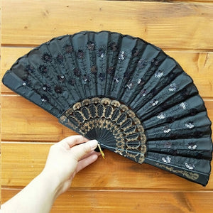 Embroidered Sequins Folding Fan Peacock Tail Feather Shape Hand Fans Dance Manual Fan Photo Props Home Decoration
