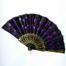 Load image into Gallery viewer, Embroidered Sequins Folding Fan Peacock Tail Feather Shape Hand Fans Dance Manual Fan Photo Props Home Decoration
