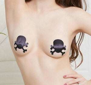 2 Pairs Black Skull Pasties Nipple Covers Breasts Self Adhesive - Body Stickers, Lifestyle, Rave, Rally, Costume, Lingerie