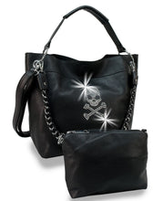 Load image into Gallery viewer, Rhinestone Skull and Crossbones Hobo Handbag Set Black PU Leather Purse and Pouch
